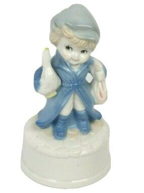 Vintage Porcelain Boy Figure Music Box Goose 1960s Wind Up Blue White 6.5 in